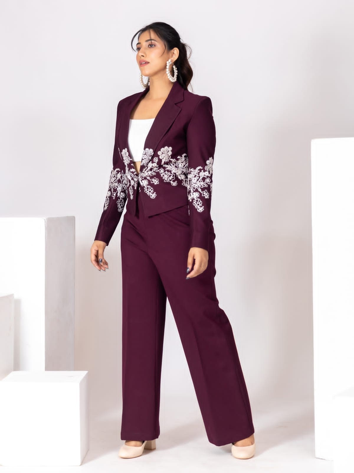 Wine Red Embroidered Blazer Pantsuit